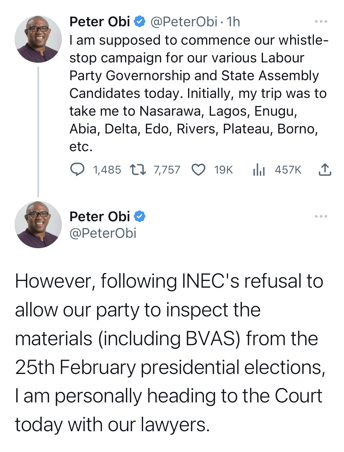 I will be going to court by myself since INEC wants to deny me access - Peter Obi Declares