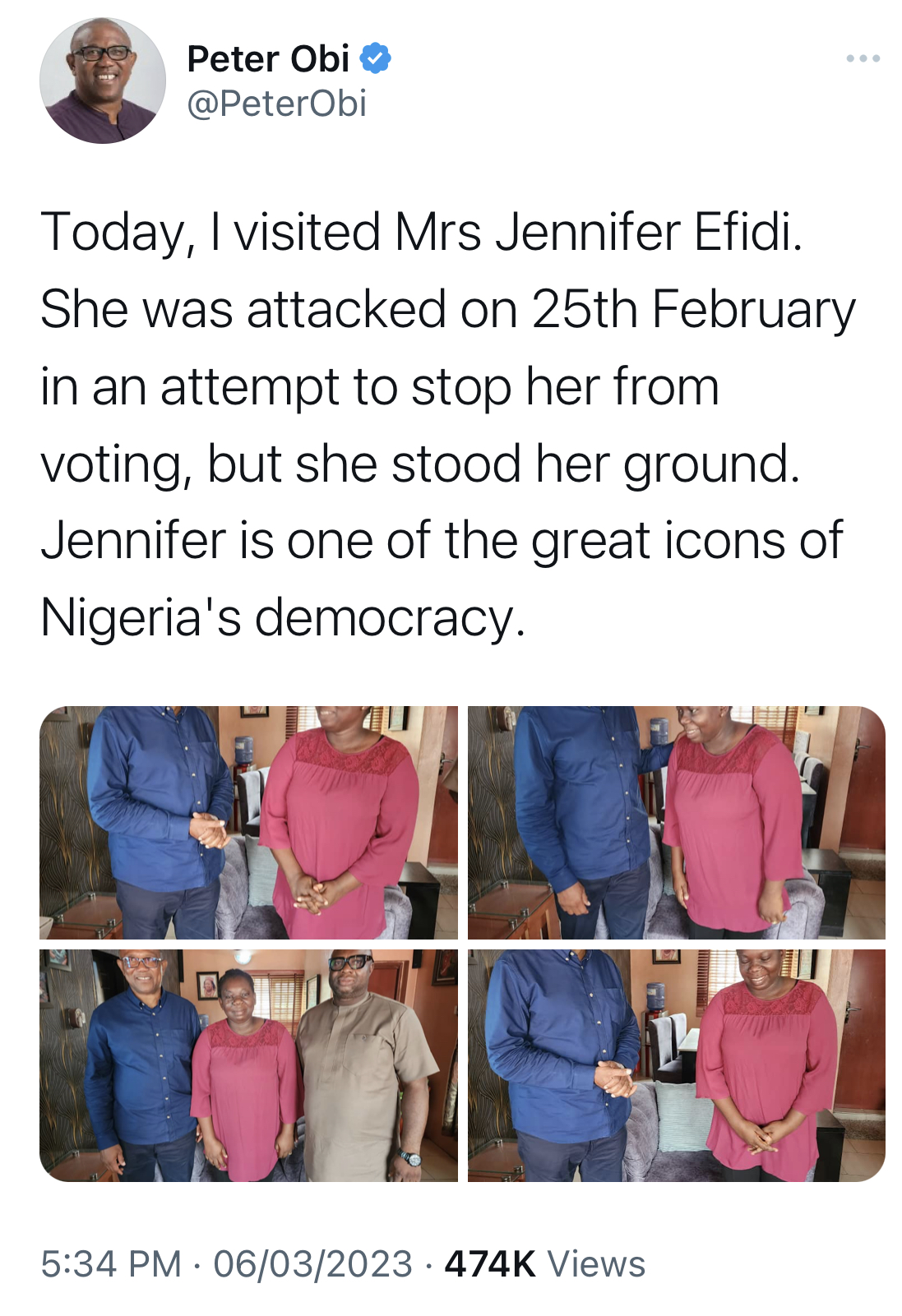 She is an icon of democracy - Peter Obi gushes as he visits woman who voted despite being brutalized in Lagos [photos]