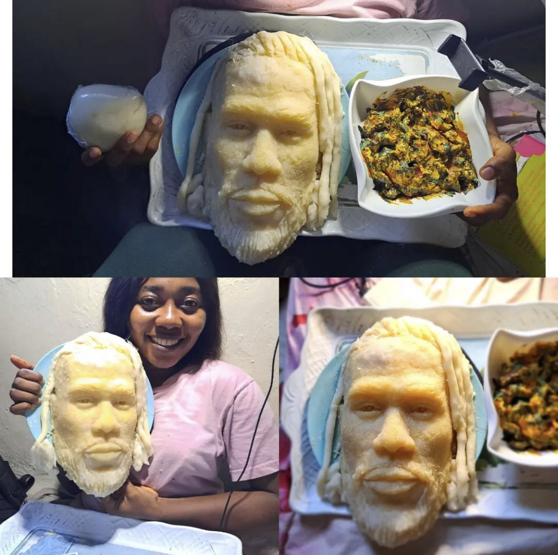 Reactions as Nigerian Artist uses Eba to design sculpture of Singer Burna Boy [photos]