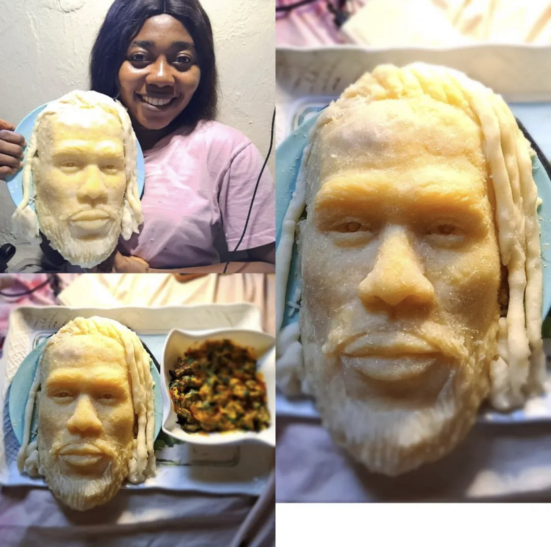 Reactions as Nigerian Artist uses Eba to design sculpture of Singer Burna Boy [photos]