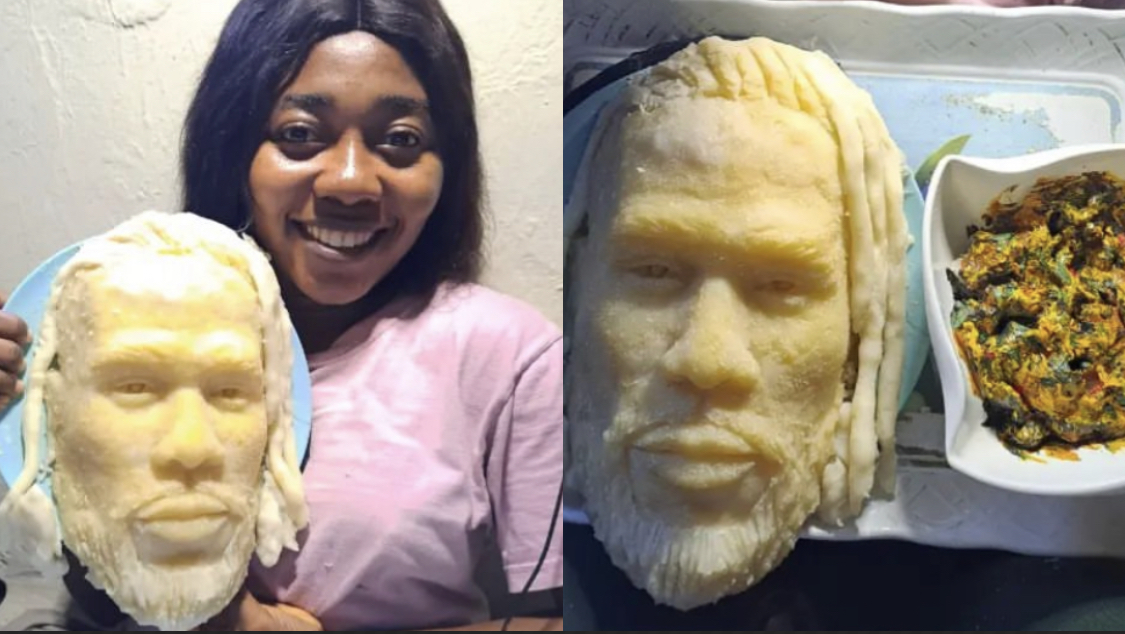 Reactions as Nigerian Artist uses Eba to design sculpture of Singer Burna Boy [photos]