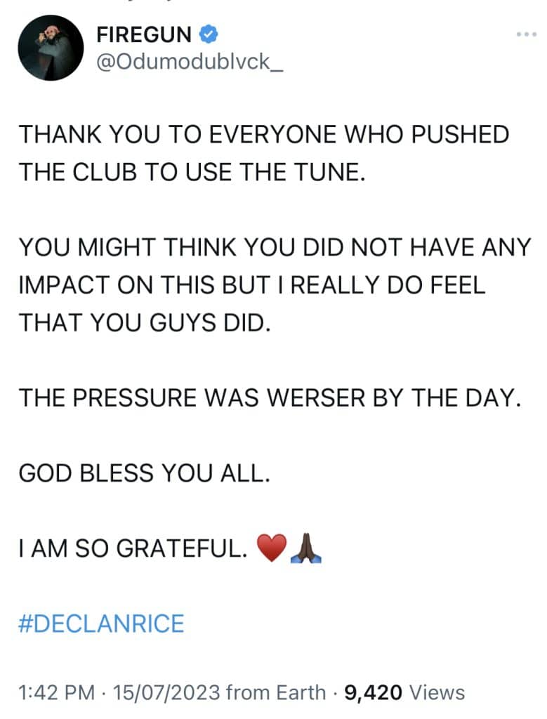 Arsenal Announce record signing of Declan Rice with song by Nigerian ...