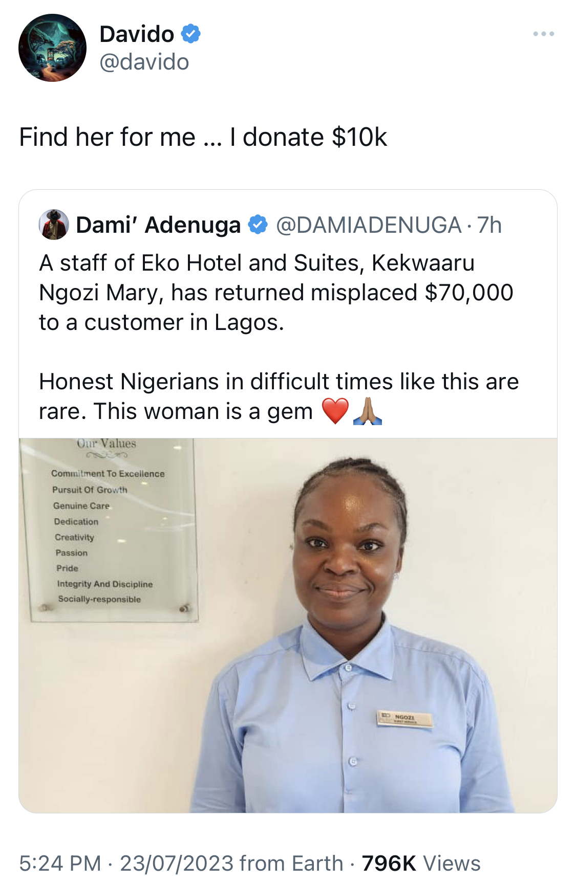 Musician Davido to Gift $10k to woman who returned $70k to customer in Lagos Hotel [photos]