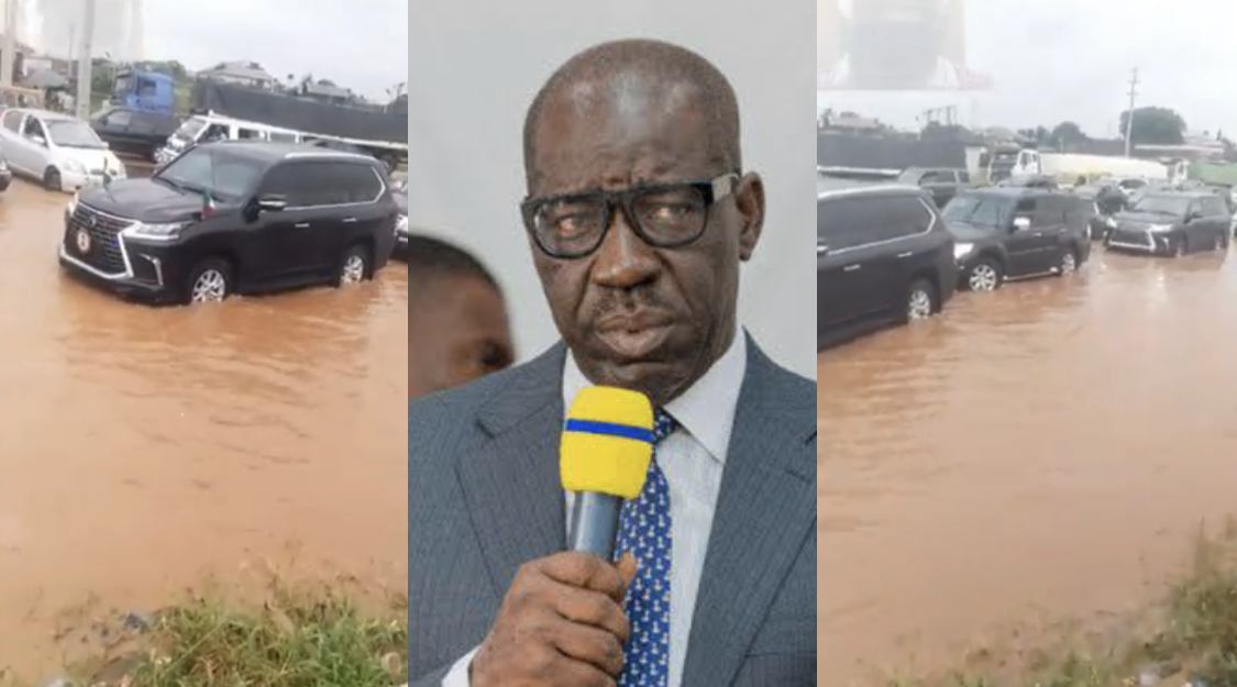 Nigerians react as Edo state Governor Obaseki’s convoy trapped in pothole on flooded bad road [video]