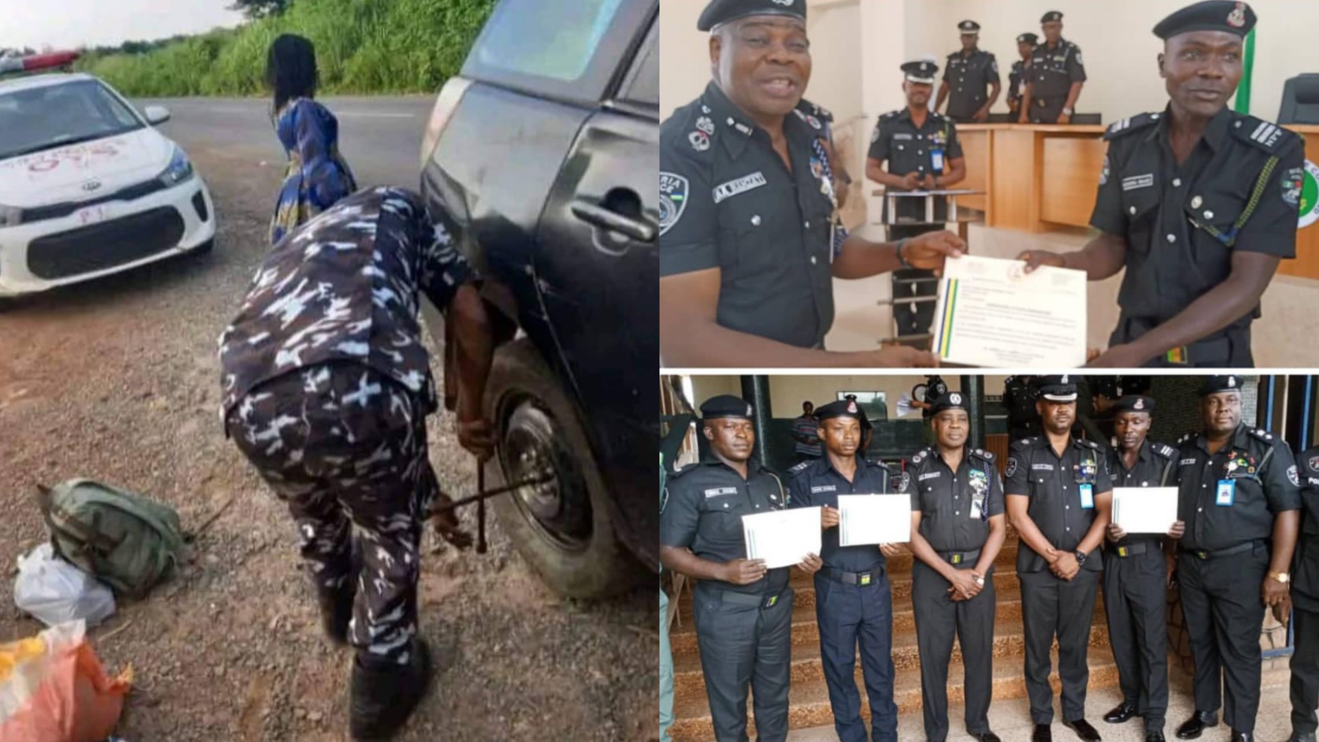 Jubilation as Police honour 3 officers for assisting lady to change tyre [Photos]