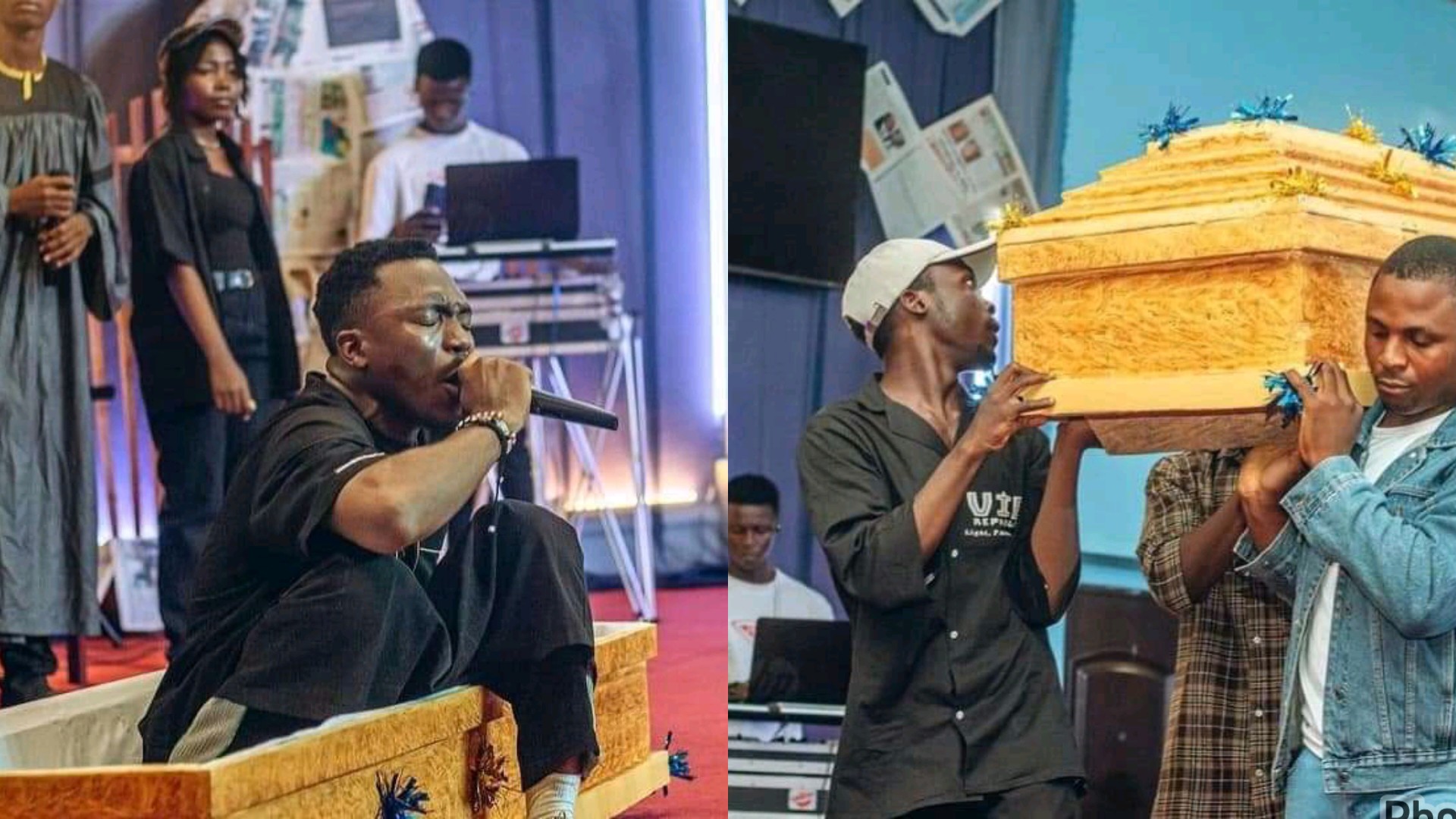 Nigerian gospel singer causes stir after arriving church in coffin [Photos]