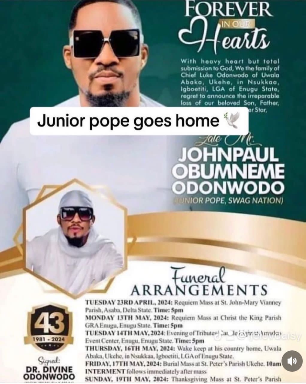 Family announce late actor Jnr Pope's burial date