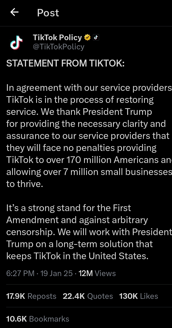 TikTok Gets Restored 1 Screenshot 20250119 195002 1