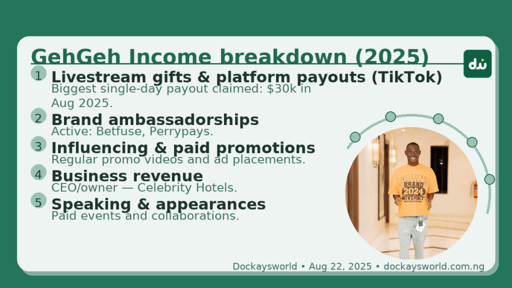 An infographic by Dockaysworld showing GehGeh's income breakdown in 2025.