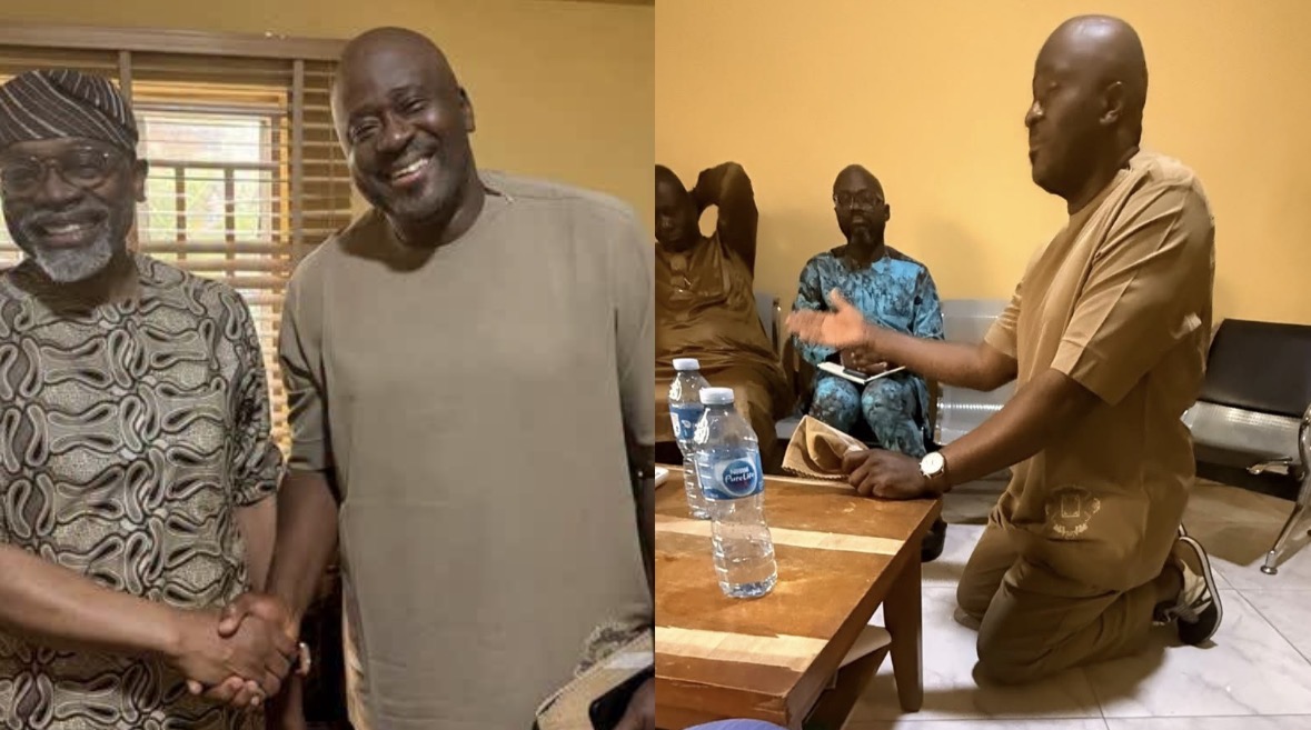 Desmond Elliot kneels, begs Gbajabiamila for forgiveness after APC primary fallout